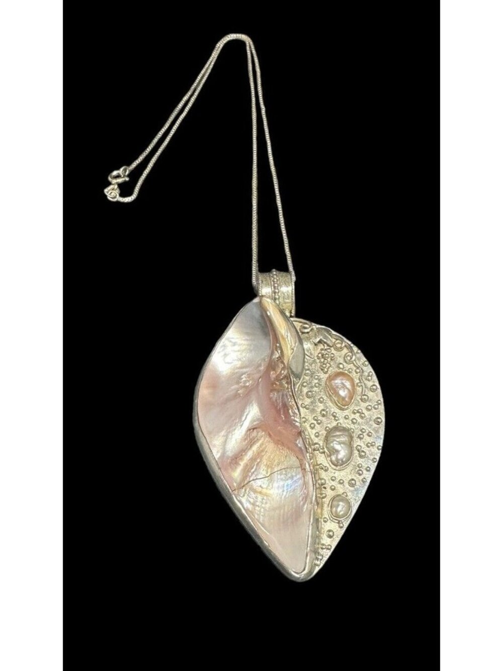 Pendant 925 KH Blister Pearl Abstract Mid Century Modernist Chain 17.5 in